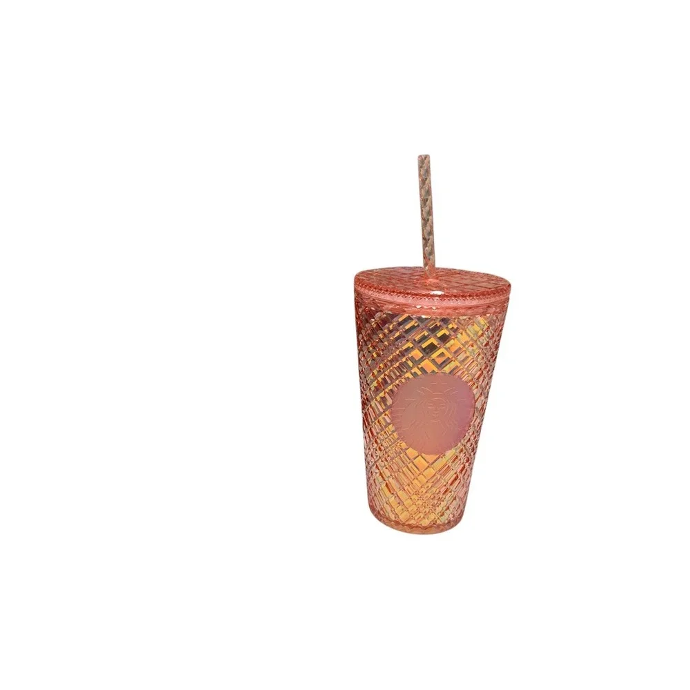 2021 Starbucks Peach Iridescent Rose Gold Jeweled Studded Tumbler Straw 16 oz